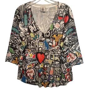 inoah Graphic Broadway Top Womens Large Soft Brushed Knit Multicolor Artsy